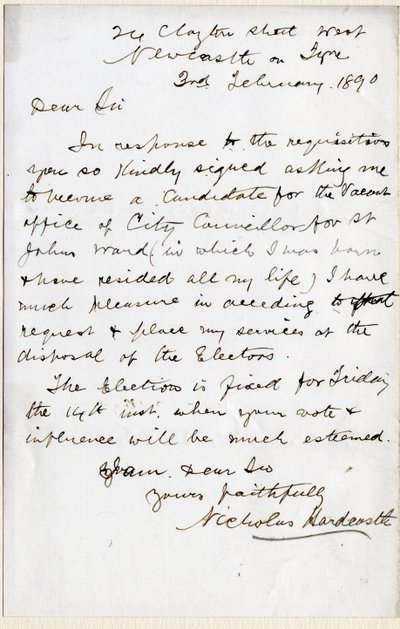 Nicholas Hardcastle 1890. február 3-i levele, amelyben elfogadta a felkérést, hogy a Newcastle upon Tyne állambeli St John