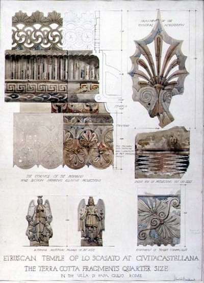 Tanulmányok a civitacastellanai Lo Scasato etruszk templomból és a római Villa di Papa Giulio-ból, 1910 körül (toll, tinta és akvarell papíron) alkotó: Harold Chalton Bradshaw