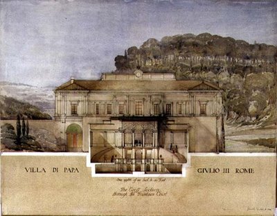 Kilátás a római Villa di Papa Giulio szökőkút udvarán keresztüli keresztmetszetre alkotó: Harold Chalton Bradshaw