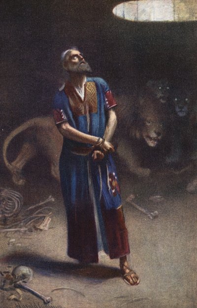 Dániel az oroszlánbarlangban (színes litográfia) alkotó: Harold Copping