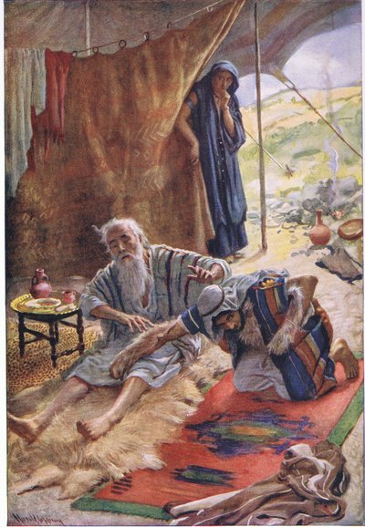 Izsák megáldja fiát, Jacobot, illusztráció a Pictures That Teach The Crown sorozatból, 1920 alkotó: Harold Copping