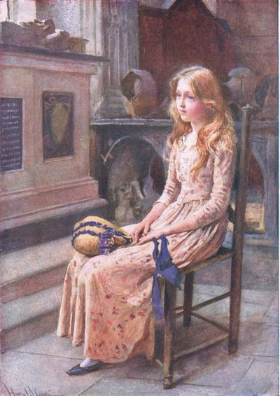 Little Nell in the Old Church, illusztrációk a „Dickens karaktervázlataihoz”, összeállította B.W. Matz alkotó: Harold Copping