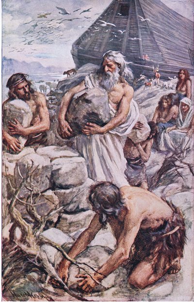 Noé építi az oltárát, illusztráció a Pictures That Teach The Crown sorozatból, 1920 alkotó: Harold Copping