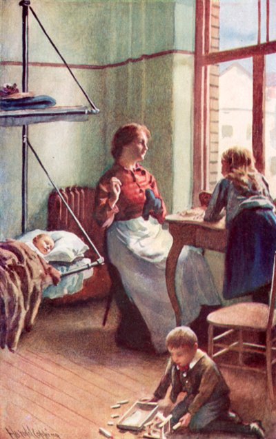 A nyitott ajtók bepillantást engedtek a hazai nyugalomba, egy nappali a kormány ingyenes szállodájában? alkotó: Harold Copping