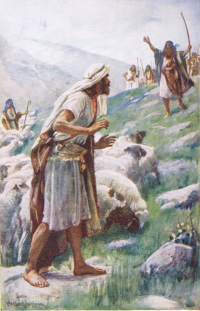 Jákob és Ézsau találkozása, illusztráció a "Képek, amelyek megtanítják a korona sorozatot" alkotó: Harold Copping