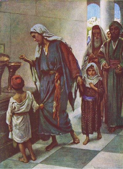 A szegény asszony ajándéka, illusztráció a Harold Copping Pictures: The Crown Series-ből, 1920-as évek alkotó: Harold Copping