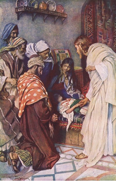 Jairus lányának felnevelése, illusztráció: Harold Copping Pictures: The Crown Series, 1920-as évek alkotó: Harold Copping
