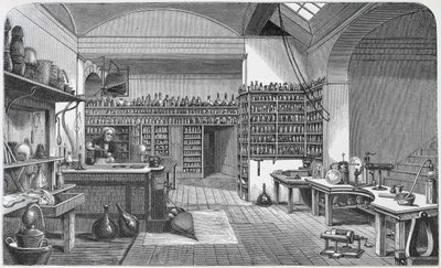 Michael Faraday (1791-1867) alagsori laboratóriumában Henry Bence Jones „Faraday élete és levelei” című művéből, 1870, 1869 alkotó: Harriet Jane Moore