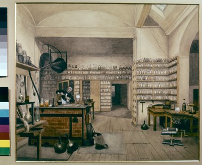 Michael Faraday munka közben a Királyi Intézetben lévő laboratóriumában alkotó: Harriet Jane Moore