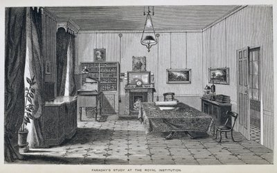 Michael Faraday tanulmánya a The Royal Institution második emeletén, Henry Bence Jones „Faraday élete és levelei” című művéből, 1870-ben, 1869-ben (lásd: 137594) alkotó: Harriet Jane Moore
