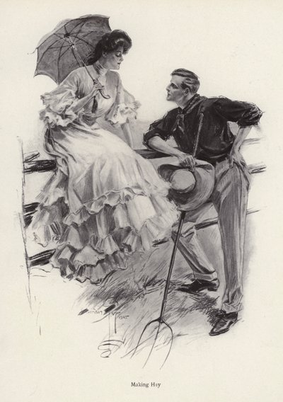 Egy farmer szünetet tart a munkájában, hogy flörtöljön egy fiatal nővel (litho) alkotó: Harrison Fisher