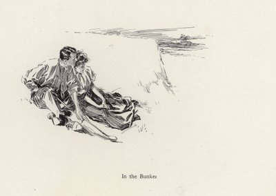 Pár romantikus ölelésben egy bunkerben a golfpályán (litho) alkotó: Harrison Fisher