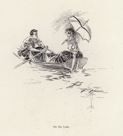Férfi és nő egy evezős csónakban a tavon (litho) alkotó: Harrison Fisher