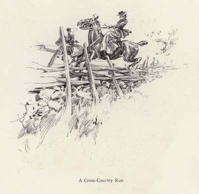 Férfi és nő lóháton terepfutás közben (litho) alkotó: Harrison Fisher