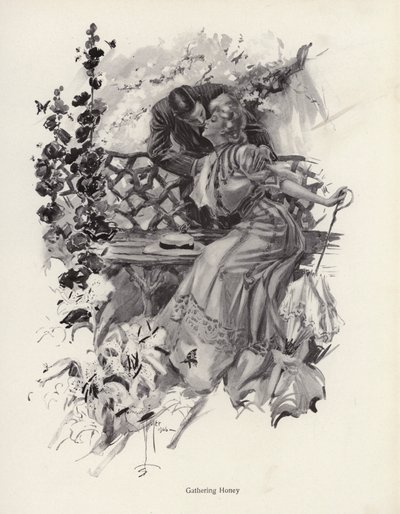 Férfi megcsókol egy nőt a kertben (litho) alkotó: Harrison Fisher