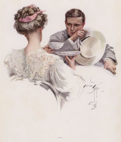 Férfi arra vár, hogy egy nő eláruljon neki egy titkot (színes litó) alkotó: Harrison Fisher
