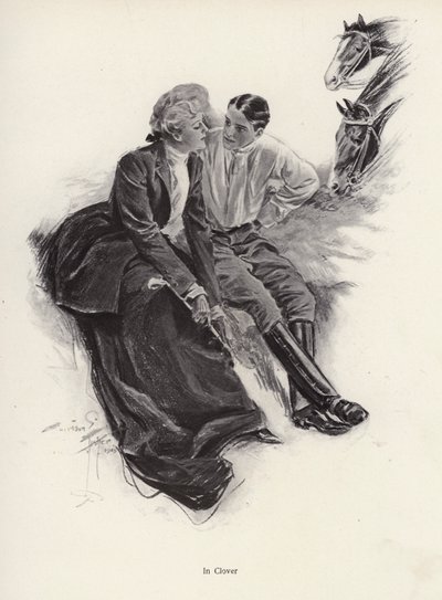 Romantikus pár szünetet tart egy lovaglás közben (litho) alkotó: Harrison Fisher