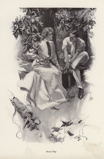 Romantikus pár szünetet tart a golfozásban (litho) alkotó: Harrison Fisher