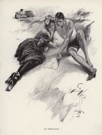 Két szerelmes szíveket rajzol a homokba a tengerparton (litho) alkotó: Harrison Fisher