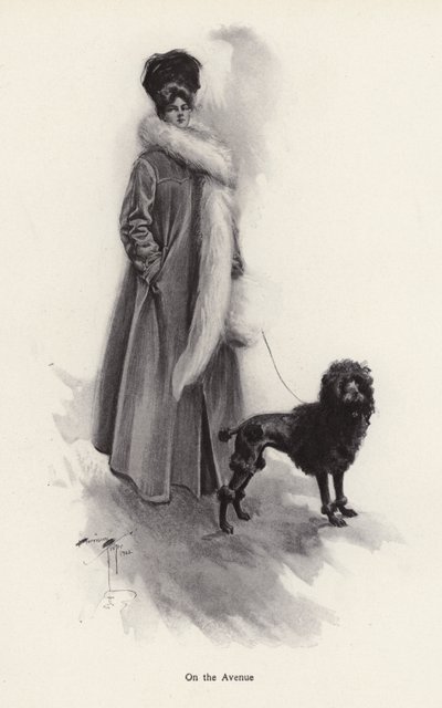 Hosszú kabátos nő uszkárral (litográfia) alkotó: Harrison Fisher