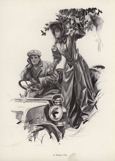 Nő almát szed az autó belsejéből (litho) alkotó: Harrison Fisher