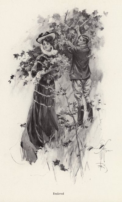 Virágot szedő nő egy férfi csodálójával (litho) alkotó: Harrison Fisher