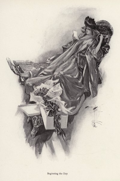 Nő virágcsokrot kap egy csodálójától (litho) alkotó: Harrison Fisher