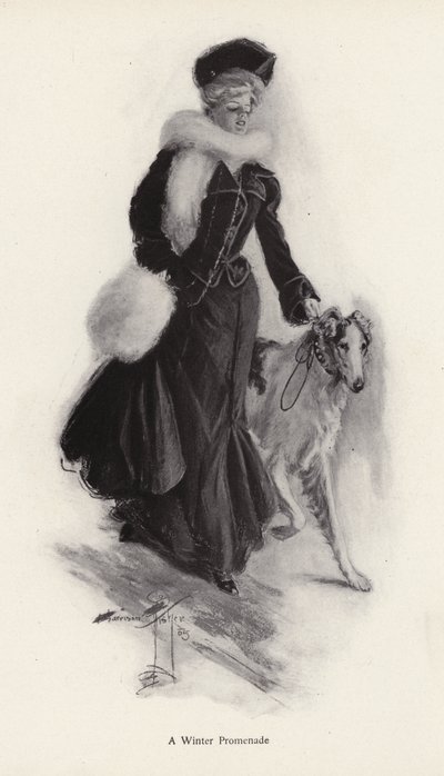 Nő sétáltatja durva collie kutyáját télen (litho) alkotó: Harrison Fisher