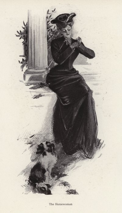 Fiatal nő és a kutyája arra vár, hogy lovagolni menjen (litho) alkotó: Harrison Fisher