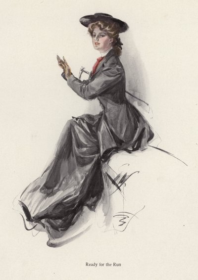 Fiatal nő lovaglásra készülődik (színes litográfia) alkotó: Harrison Fisher