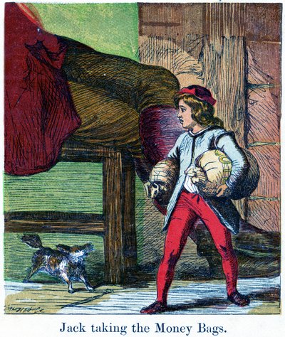 Jack elviszi a pénzeszsákokat az Óriás kastélyból, 1867 (chromolitho) alkotó: Harrison William Weir