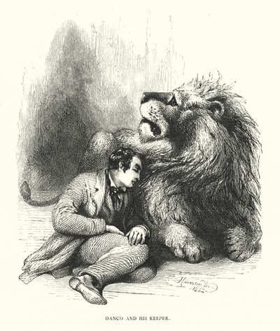 Oroszlán és őrzője (metszet) alkotó: Harrison William Weir