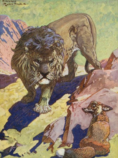Aesopus meséi: A róka és az oroszlán (színes litográfia) alkotó: Harry (1878 1950) Rountree