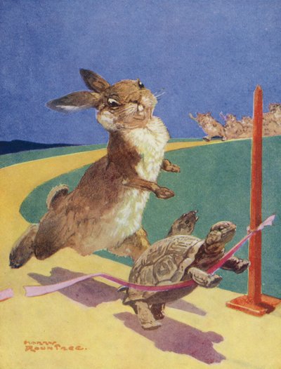 Äsops Fabeln: Der Hase und die Schildkröte (Farblithografie) von Harry (1878-1950) Rountree