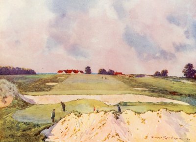Golfpályák: Sandy Lodge, az első green, a klubház felé nézve (színes litográfia). alkotó: Harry (1878-1950) Rountree