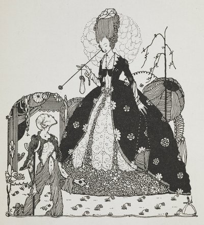 Egy hölgy lenéz egy parasztra, és pénzt könyörög. alkotó: Harry Clarke