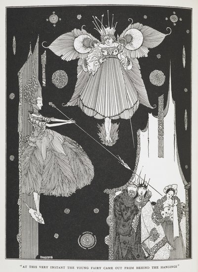 "Ebben a pillanatban előbújt a fiatal tündér az akasztók mögül." Illusztráció a „Csipkerózsika az erdőben” című történethez. alkotó: Harry Clarke