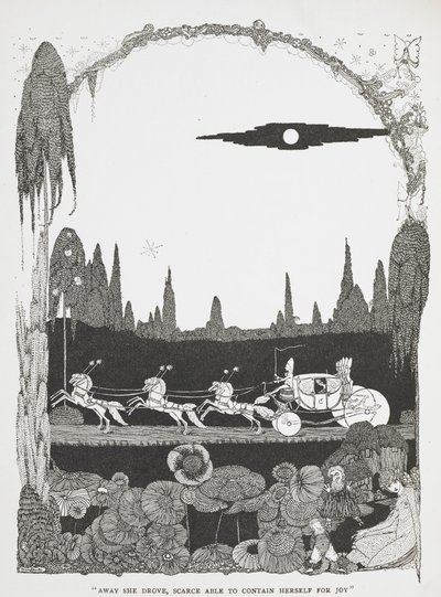 – Elhajtott, alig volt képes visszafogni magát az örömtől. Illusztráció a Hamupipőke vagy a kis üvegpapucs című történethez. alkotó: Harry Clarke
