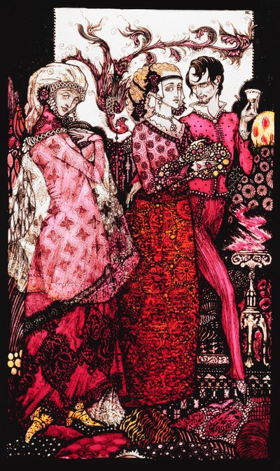 Nagyláb Bert, Villon énekli". "Királynők", kilenc üvegtábla savazva, foltos és festett, J. M. Synge költeményét illusztrálva, 1917 alkotó: Harry Clarke