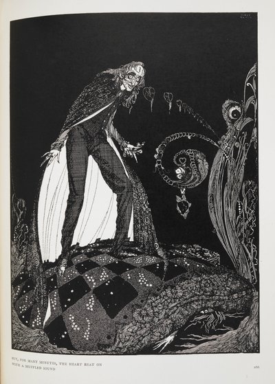 De a szív sok percig tompa hanggal dobogott. Illusztráció a novellához, „az árulkodó szív”. A narrátor megfojtja az öreget a saját ágyában. alkotó: Harry Clarke