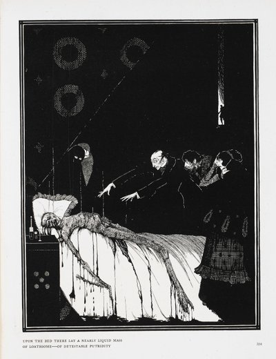 Az ágyból szinte folyékony, utálatos – utálatos rothadású tömeg feküdt. Illusztráció a történethez, „tények M. Valdemar esetében”. alkotó: Harry Clarke