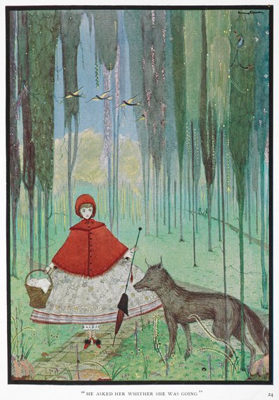 – Megkérdezte, hová megy. Piroska találkozik a farkassal egy erdőben. alkotó: Harry Clarke