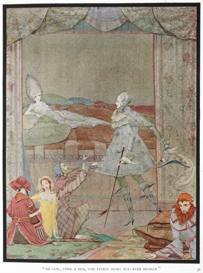 – Egy ágyon a valaha volt legszebb látványt látta. A herceg látja a hercegnőt, "Csipkerózsikát" az ágyán. alkotó: Harry Clarke
