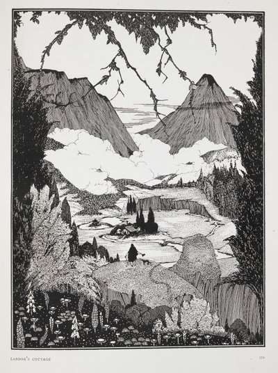 Illusztráció a "Landor házikója" című történethez. Hegyvidéki táj. alkotó: Harry Clarke