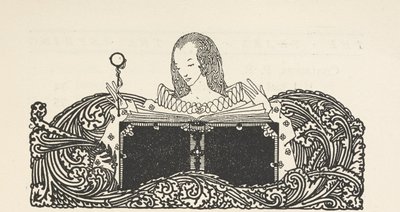 Illusztráció, amely egy könyvet olvasó nőt mutat a tartalomoldal tetején. alkotó: Harry Clarke