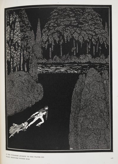 A vízhez vezető fáradságos útja során félelmei megkétszereződnek vele. Illusztráció a „Marie Roget rejtélye” című történethez. alkotó: Harry Clarke