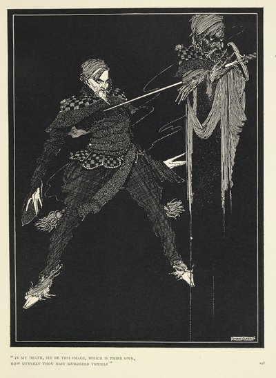 „Halálomban lásd meg ezen a képen, amely a tiéd, hogyan gyilkolta meg magát végképp ezren.” A narrátor kettőse, „William Wilson”, Az ajándék (1839). alkotó: Harry Clarke