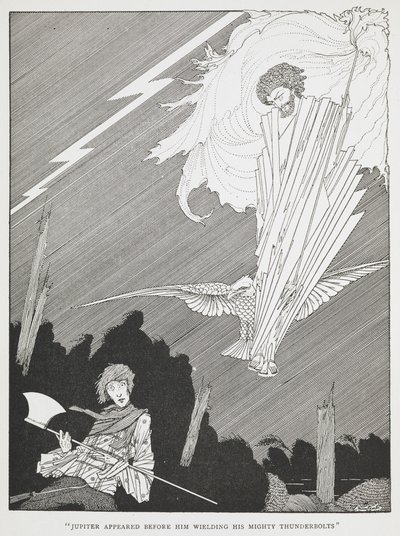 – Jupiter megjelent előtte hatalmas villámcsapásait hadonászva. Illusztráció a "nevetséges kívánságokhoz". alkotó: Harry Clarke
