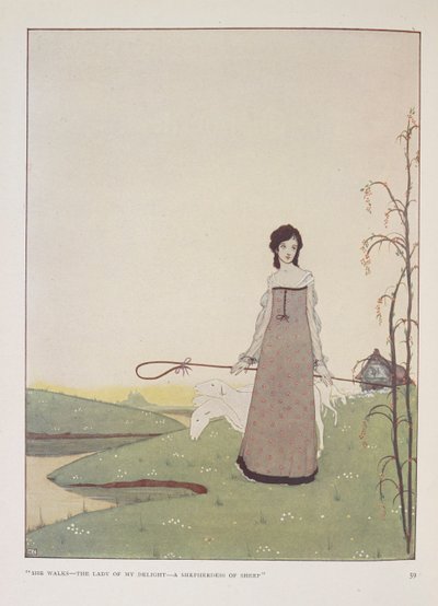 "She walks- the lady of my delight- a shepherdess of sheep." Illustration for The shepherdess by Alice Meynell. alkotó: Harry Clarke