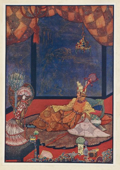 A Nightingale. A mesterséges madárnak egy selyempárnán volt a helye, közel a császár ágyához. alkotó: Harry Clarke